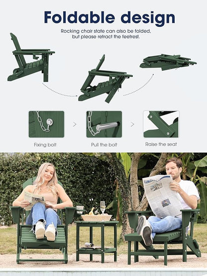 KINGYES Adirondack Rocking Chair Set of 2 with Retractable Ottoman and Cup Holders, HDPE Adirondack Rocker Patio Rocking Chair for Porch, Patio, Balcony, Dark Green