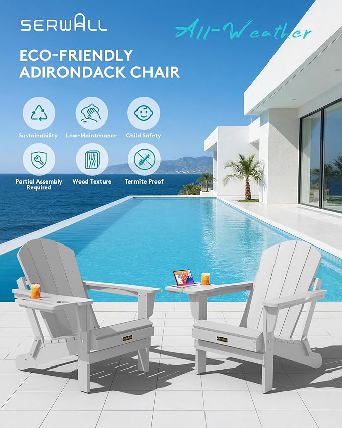 SERWALL Folding Adirondack Chair Set of 4, Outdoor Adirondack Chairs with 4 in 1 Cup Holder, Wood Texture Patio Chairs, Weather Resistant Fire Pit Chairs for Patio Deck Garden, Backyard - Spanish Gray