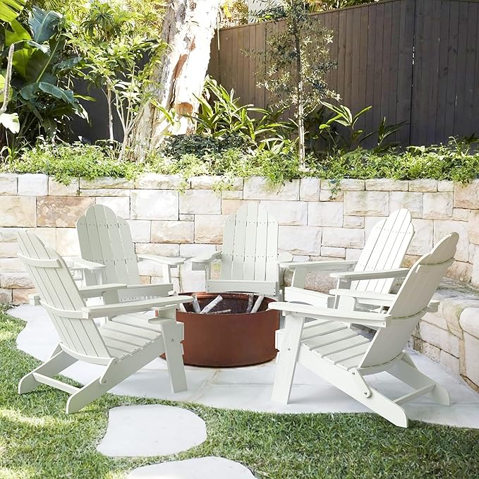 LUE BONA HDPS Folding Adirondack Chair Set of 5, 350lbs Capacity Heavy Duty Outdoor Chair for Patio Balcony Deck, One-Step Space-Saving Folding, Weatherproof Realistic Wood Grain Fire Pit Chair, White
