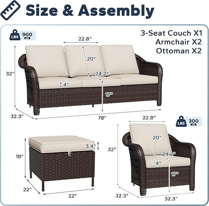5 PCS Outdoor Conversation Set | 78" Couch, 2 Chairs, 2 Ottomans, Patio Wicker Conversation Furniture with Removable Cushions for Bistro, Deck, Sunroom (Beige)