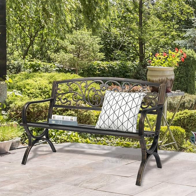 Outdoor Garden Bench,Cast Aluminum Metal Frame Patio Park Bench,Patio Garden Bench with Backrest & Armrest,Patio Seating Bench,Arch Legs for Outdoor Garden,Porch,Backyard,Poolside (50")