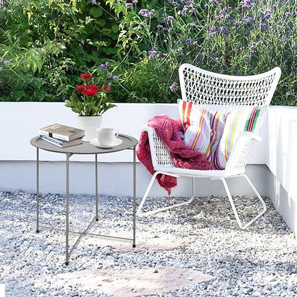 Garden 4 you End Table Metal Side Table Grey Round Folding Tray Cyan Sofa Small Accent Fold-able Table, Round End Table Tray, Next to Sofa Table, Snack Table for Living Room and Bed Room