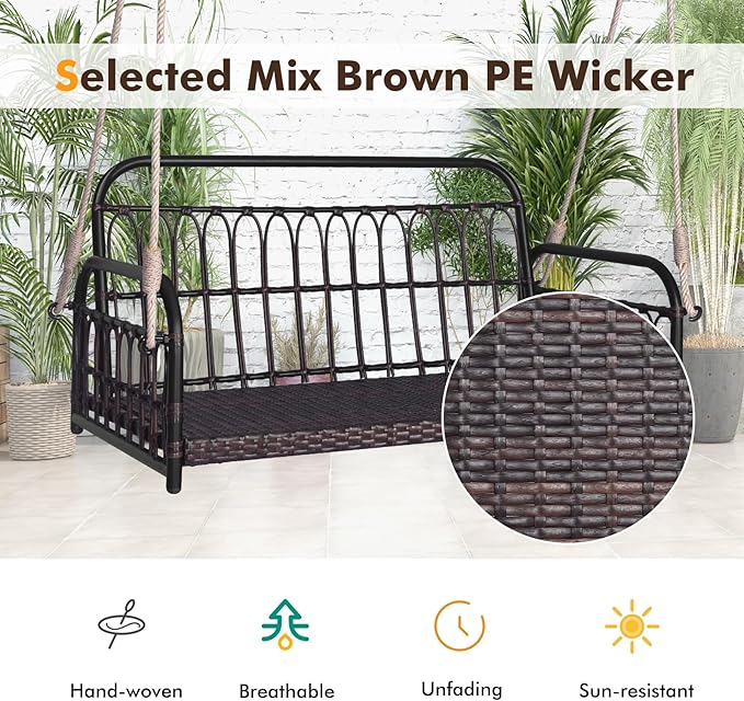 HAPPYGRILL Wicker Porch Swing, 2-Person Outdoor Patio Hanging Chair with Cushions, Metal Frame - Photo 8