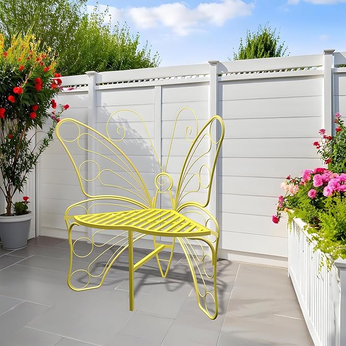 Butterfly Shaped Outdoor Bench, Golden Yellow Garden Bench with Sturdy Stable Metal Frame, Outdoor Metal Chair Butterfly Bench for Garden, Yard, Balcony, Lawn.(Golden Yellow/Small)