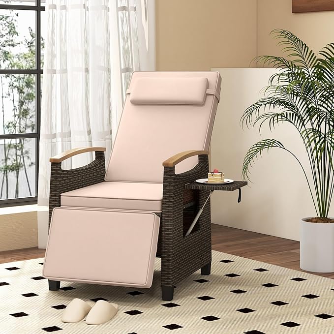 Tangkula Patio Wicker Recliner Chair, Rattan Lounge Chair w/Adjustable Backrest & Footrest, Flip Side Table, Push Back Reclining Seat w/Cushion for Backyard, Porch, Lawn (2, Beige)