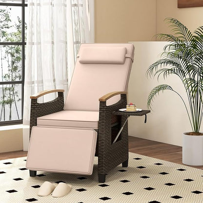 Tangkula Patio Wicker Recliner Chair, Rattan Lounge Chair w/Adjustable Backrest & Footrest, Flip Side Table, Push Back Reclining Seat w/Cushion for Backyard, Porch, Lawn (1, Beige)