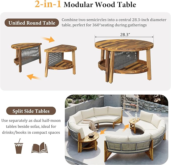 Quarte Outdoor Acacia Wood Round Sofa Set, Half-Moon Sectional Sets with Coffee Table, 6-Person Seating Group for Garden - Photo 5