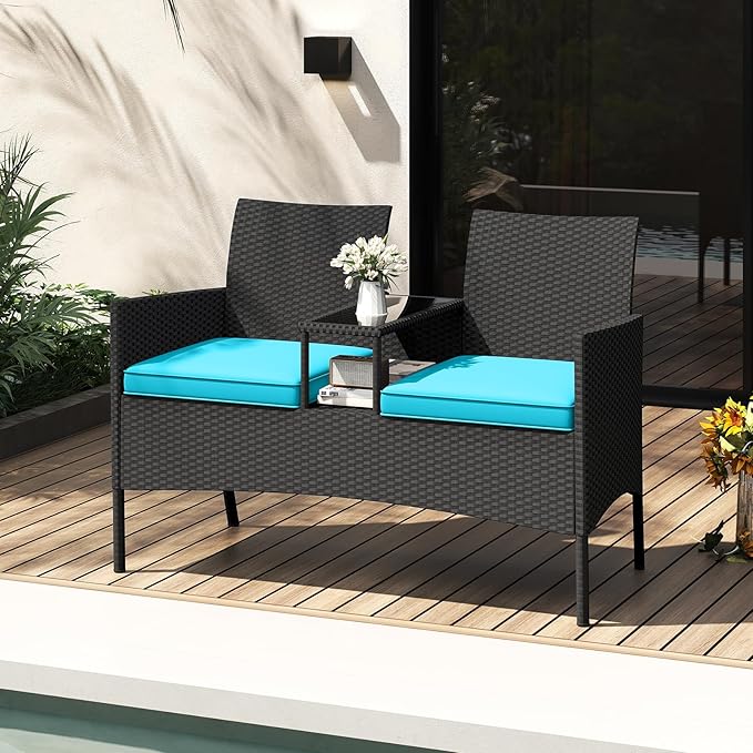 HAPPYGRILL Outdoor Rattan Loveseat, 2-Seat Patio Conversation Set with Built-in Coffee Table, Cushions, Wicker Bench Furniture for Backyard, Garden, Balcony, Porch (Turquoise)