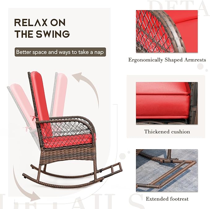 Devoko Outdoor Rocking Chairs 3 Piece Patio Furniture Set with Side Table & Cushions, Wicker Porch Rocker Bistro Set High Back for Balcony, Backyard, Garden (Red)