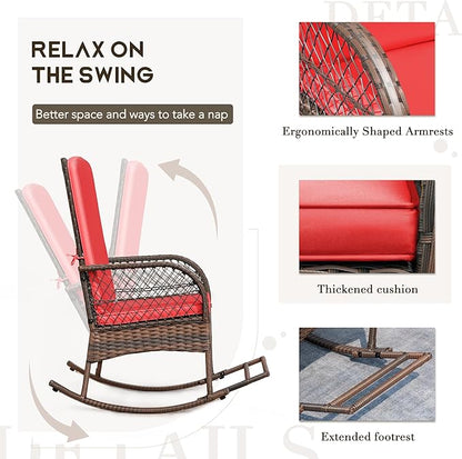 Devoko Outdoor Rocking Chairs 3 Piece Patio Furniture Set with Side Table & Cushions, Wicker Porch Rocker Bistro Set High Back for Balcony, Backyard, Garden (Red)