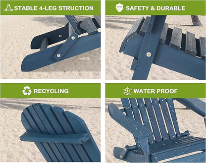 Folding Adirondack Set of 2, All-Weather Lawn Chairs With Wide Armrest, Solid Wood Outdoor Patio Set for Fire Pit, Front Porch, 350 Lbs, Navy Blue