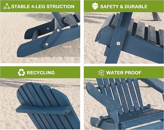 Folding Adirondack Chairs Set of 2, Solid Wood Adirondack Chair Lawn Chairs with Wide Armrest, All-Weather Outdoor Chairs Set Fire Pit Chairs Garden Chair, 350 Lbs, Easy to Install, Navy Blue…