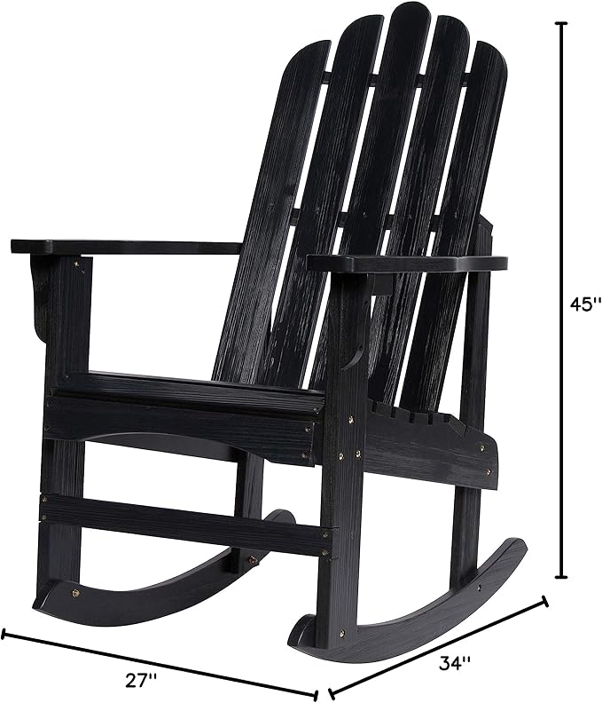 Shine Company Marina Adirondack Porch Rocker, Indoor Outdoor Wood Rocking Chair, Black
