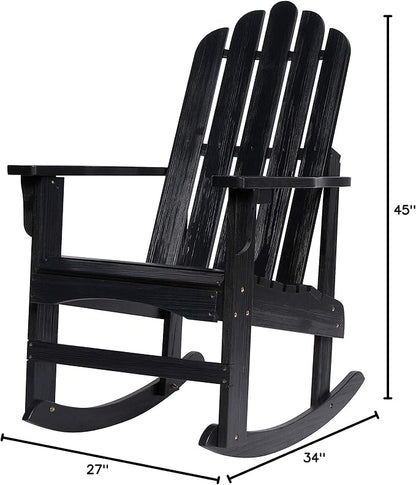 Shine Company Marina Adirondack Porch Rocker, Indoor Outdoor Wood Rocking Chair, Black