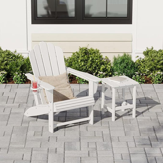 Costaelm Lakeview Outdoor Patio HDPE Adirondack Chair with Cup Holder and Table Set, White