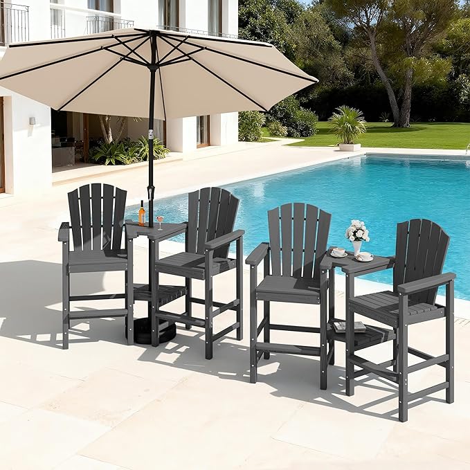 KINGYES Tall Adirondack Chairs Set of 4 with 9FT Umbrella, All Weather Embossed Balcony Height Chair with Double Connecting Trays, High Airondack Chair with Wood Grain, Backyard, Deck, Gray