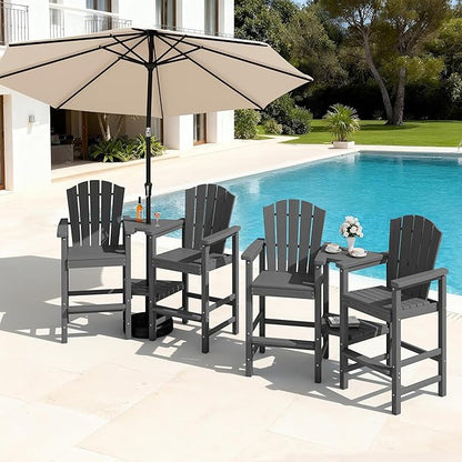 KINGYES Tall Adirondack Chairs Set of 4 with 9FT Umbrella, All Weather Embossed Balcony Height Chair with Double Connecting Trays, High Airondack Chair with Wood Grain, Backyard, Deck, Gray