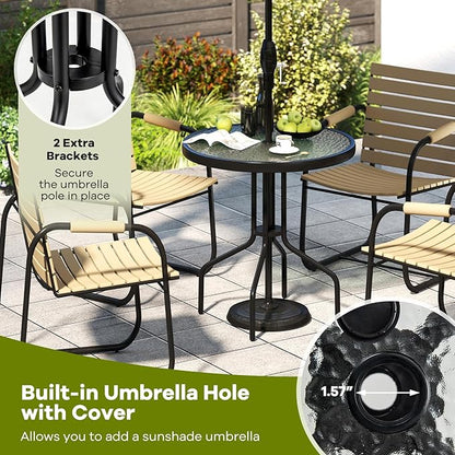 Tangkula 27.5 Inch Round Outdoor Dining Table with Tempered Glass Top, Outside Bistro Table with Umbrella Hole & Metal Frame, Patio Dining Table for Backyard, Lawn, Deck & Poolside