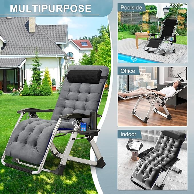 ABORON 2 Pack Zero Gravity Chair, Outdoor Lounge Chairs Sun Loungers with Removable Cushion, Headrest, Cup Holder - Photo 4