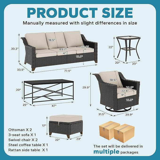 7 Pieces Outdoor Conversation Furniture Set - 77" Patio Sofa, 2 Swivel Rocker Chairs, 2 Ottomans, 1 Side Table - Photo 2