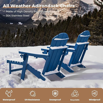BRIOPAWS Adirondack-Chairs-with-Pull-Out-Footrest | Set of 4 | Folding | HDPE Plastic | Fire Pit Chair | All Weather | Cup Holders | Curved Back | Retractable Ottoman | for Poolside Deck | Blue