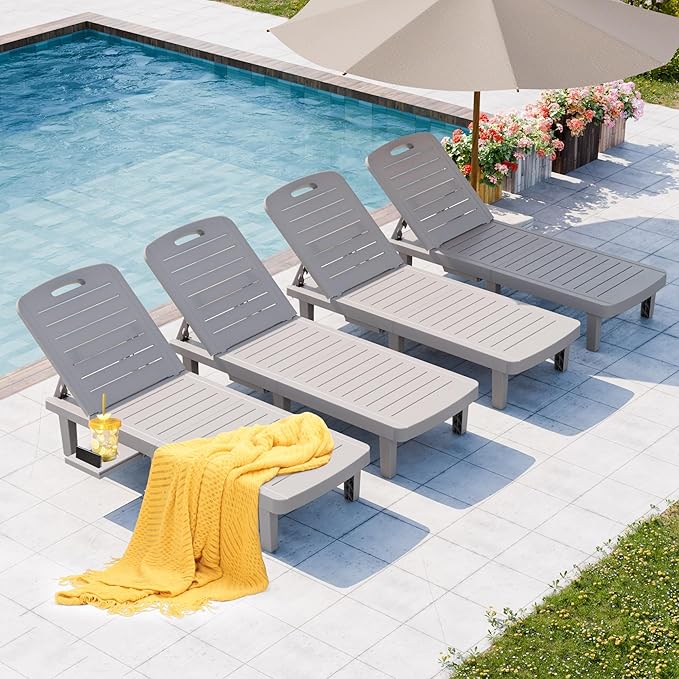 Outdoor Chaise Lounge Set of 4, Waterproof Resin Lounge Chairs for Outside w/Adjustable 5 Positions All Weather Use Recliner Chair for Patio, Poolside, Beach, Yard, Grey