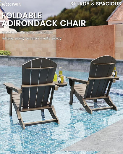 FOOWIN Folding Adirondack Chair, HDPE Adirondack Chairs with Cup Holder, Weather Resistant Plastic Fire Pit Chairs for Outdoor, Patio, Lawn, Garden, Backyard, Deck, Brown