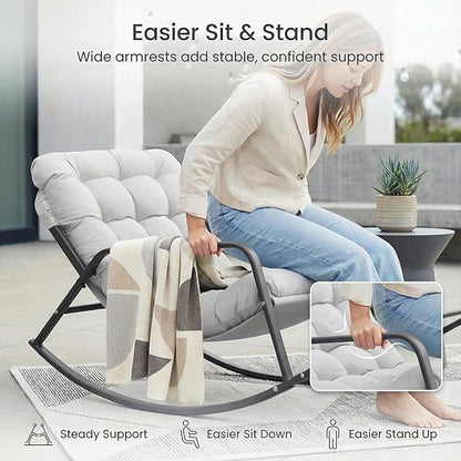 NICESOUL Papasan Rocking Chair with Footrest, Outdoor Rocking Chair with Cushion, Oversized Patio Rocker, Modern Lounge Comfort, Heavy Duty Steel Frame, Indoor Porch Garden, Grey