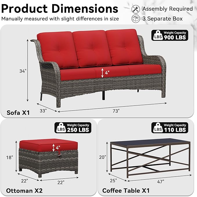 4-Piece Outdoor Couch Set, Includes Wicker Patio Sofa with Thickened Olefin Cushions, High Back and Deep Seating, Hand-Woven PE Rattan and 2 Ottomans, 1 Coffee Table for Porch, Deck