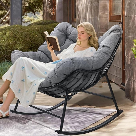 Kromax Oversized Outdoor Papasan Rocking Chair, Wicker Egg Chair Rocker for Outside, Comfy Patio Rocker, Large Indoor Rocking Recliner, Modern Egg Style, Grey