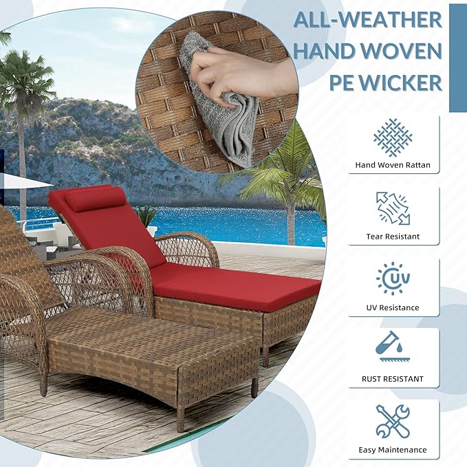 Outdoor Chaise Lounge Chair with Side Table, All Weather PE Rattan Patio Lounge Chair with Cushion - Photo 7