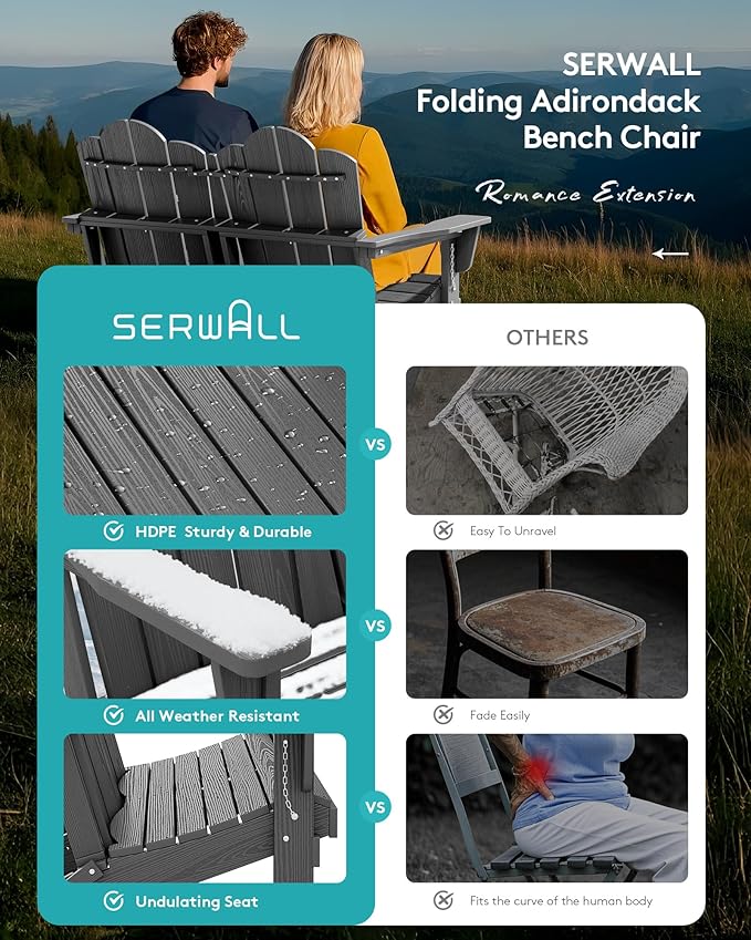 SERWALL Outdoor Patio Adirondack Set, 2 Folding Adirondack Bench & 1 Coffee Table with Umbrella Hole - Photo 9