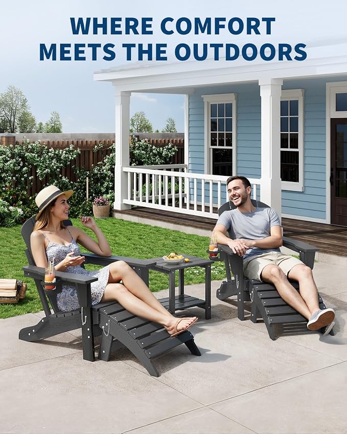 Folding Adirondack Chair Set of 2 with Ottoman, All-Weather HDPE Outdoor Chair, Wooden Textured with Cup Holder for patios, Decks, Gardens, fire pits, Grey