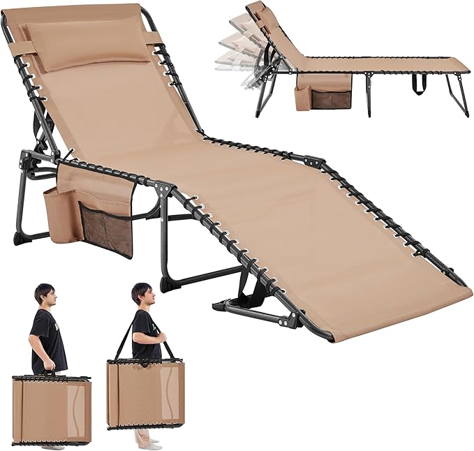 Yaheetech 26.4" Outdoor Folding Tanning Chair, Chaise Lounge Chairs with 5 Back Position Adjustable, Extended Portable Lounger for Beach, Patio, Beige