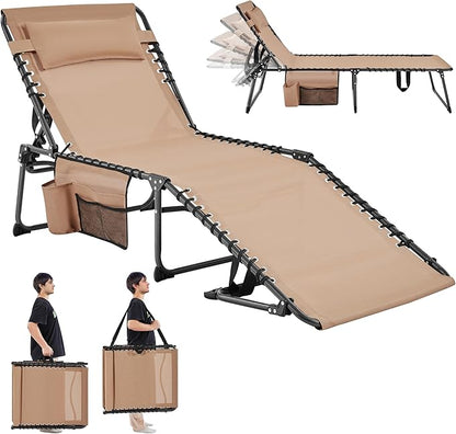 Yaheetech 26.4" Outdoor Folding Tanning Chair, Chaise Lounge Chairs with 5 Back Position Adjustable, Extended Portable Lounger for Beach, Patio, Beige