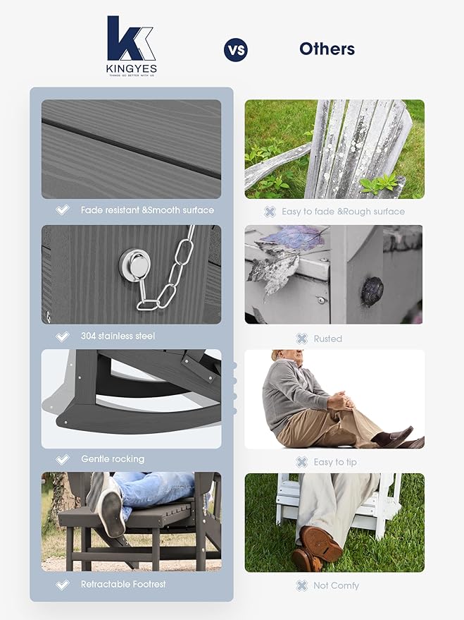 KINGYES Adirondack Rocking Chair Set of 2 with Retractable Ottoman and Cup Holders, HDPE Adirondack Rocker Patio Rocking Chair for Porch, Patio, Balcony, Leaden Grey