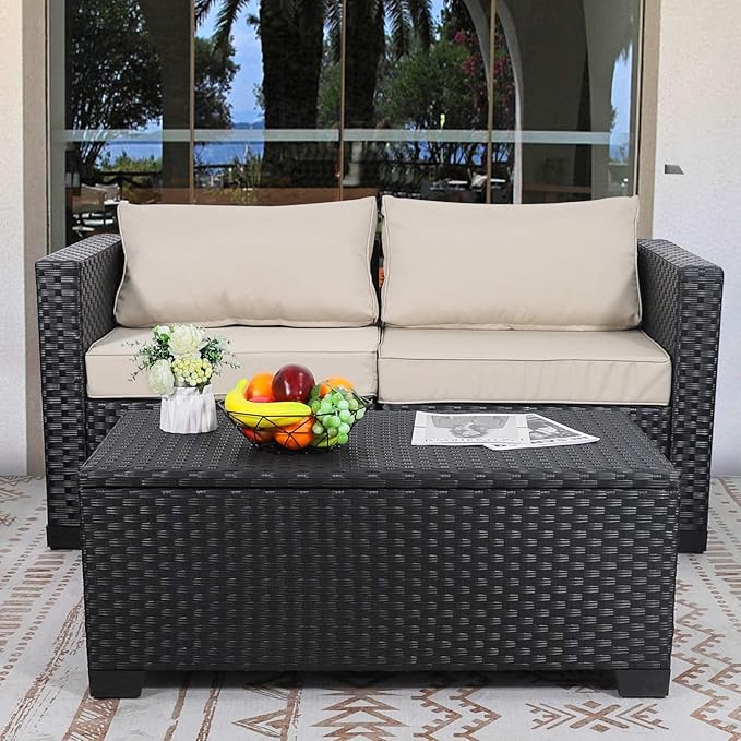 Rattaner Patio Coffee Table with Storage Wicker Outdoor Coffee Table and All-Weather Wicker Side Table with Waterproof - Photo 3