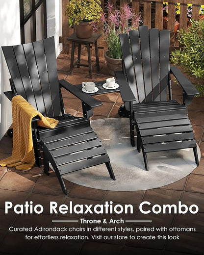 GREENVINES Folding-Adirondack-Chairs-Set-of-2 | HDPE Plastic | Throne Series | Fire Pit Chair | with Connecting Tray | Removable Table | All Weather | for Outdoor Patio Deck Poolside | Black