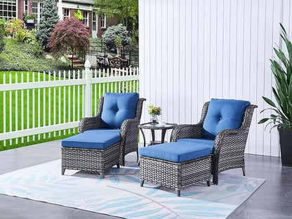 HUMMUH 5 Pieces Patio Bistro Set Wicker Patio Chairs Set of 2 with Ottomans and Side Table Rattan Outdoor Furniture Conversation Set for Yard,Garden,Porch…