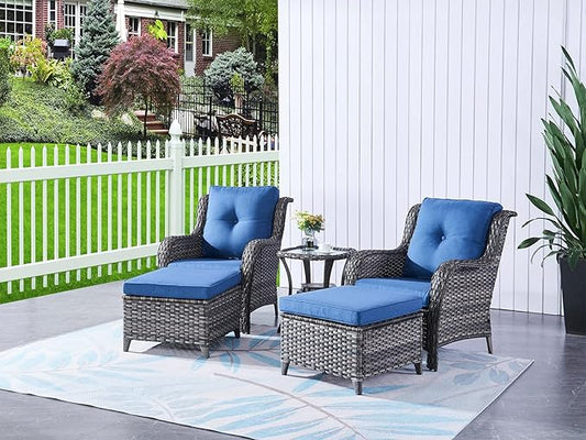 HUMMUH 5 Pieces Patio Bistro Set Wicker Patio Chairs Set of 2 with Ottomans and Side Table Rattan Outdoor Furniture Conversation Set for Yard,Garden,Porch…