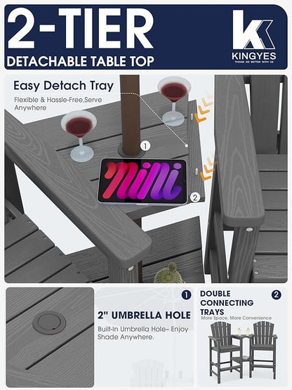 KINGYES Tall Adirondack Chair Set of 2 with 9FT Umbrella, All-Weather HDPE Outdoor Adirondack Barstools with Removable Double Connecting Trays, High Airondack Chair with Wood Grain, Gray