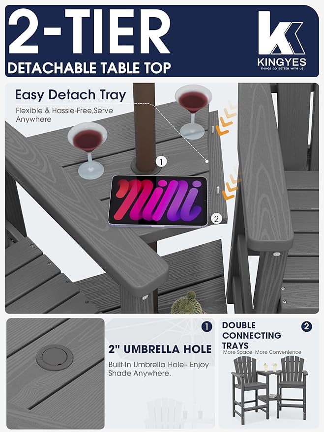 KINGYES Tall Adirondack Chairs Set of 4, All Weather Embossed Balcony Height Chair with Double Connecting Trays, Tall Poly Adirondack Chair, High Airondack Chair with Wood Grain, Backyard, Deck, Gray