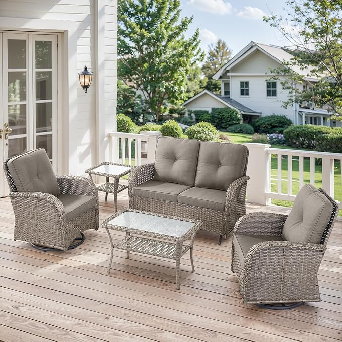 5 Pieces Patio Furniture Set-Outdoor Rocking Chairs Set of 2 Outdoor Glider Bench with Wicker Outdoor Coffee Table for Deck Lawn Porch Balcony Poolside-Grey/Grey