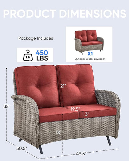 Outdoor Glider Bench-2 Seater Patio Glider Loveseat with High Back and Deep Seating Outdoor Couch for Deck Porch Garden Balcony Poolside-Grey/Red