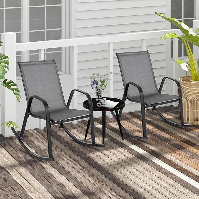 Giantex Outdoor Rocking Chairs Set of 2, Patio Rocking Chairs w/Breathable Seat & Back, Heavy-Duty Metal Support, Ergonomic Outside Rocker for Backyard, Poolside, Garden (2, Grey)