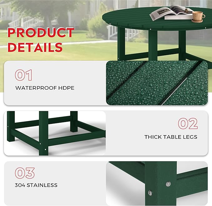 Costaelm Patio Conversation Table, Tatio Accent HDPE Outdoor Weather Resistant, Round Outdoor Porch Balcony Patio Drink Table for Outside, Pool, Backyard, Dark Green
