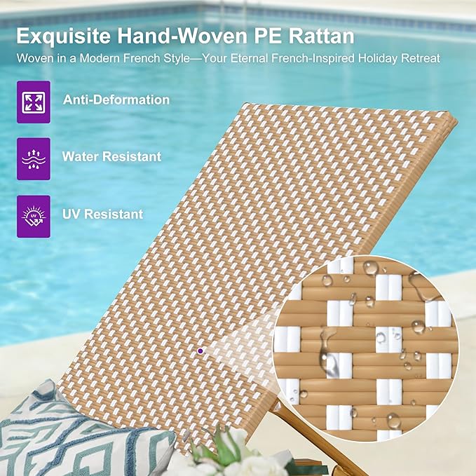PURPLE LEAF Extra Wide Patio Chaise Lounge Set of 2 Outdoor Lounger French PE Rattan Lounge Chair with Reclining Adjustable Backrest for Pool Garden Beach and Backyard Light Brown