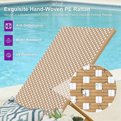 PURPLE LEAF Extra Wide Patio Chaise Lounge Set of 2 Outdoor Lounger French PE Rattan Lounge Chair with Reclining Adjustable Backrest for Pool Garden Beach and Backyard Light Brown