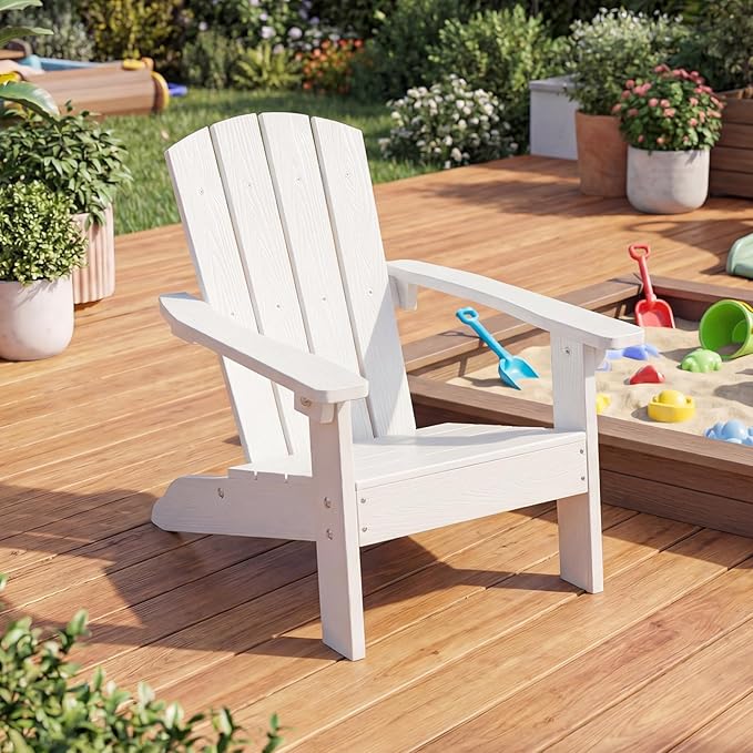 KOTEK Kids Adirondack Chair, Plastic Toddler Lawn Chair with Ergonomic Seat, Wood-Grain Texture, Easy to Assemble, All-Weather Outdoor Kids Chairs for Patio, Garden, Backyard (White)