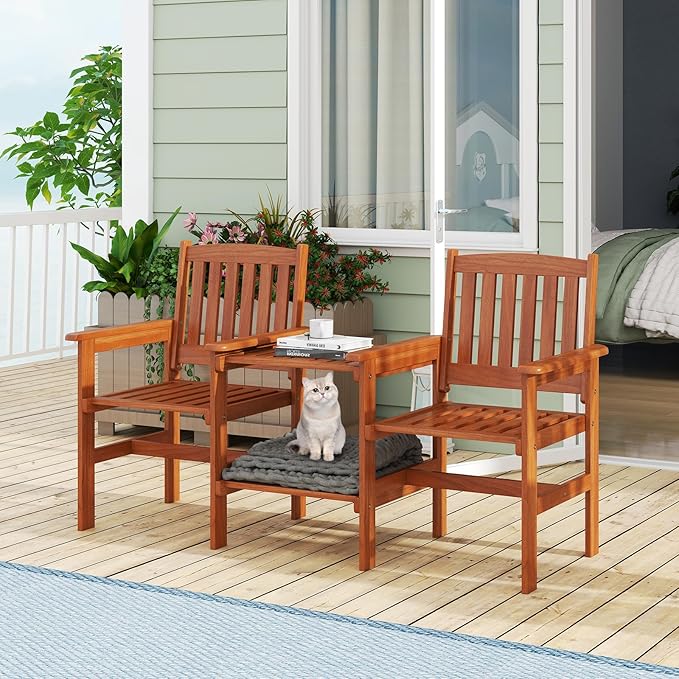RELAX4LIFE Outdoor Loveseat with Built-in Table - Wood Patio Chairs w/Center Table & Umbrella Hole, 2-Person Garden Bench for Porch Deck Pool Balcony Backyard, 2-Seater Wooden Patio Furniture Set